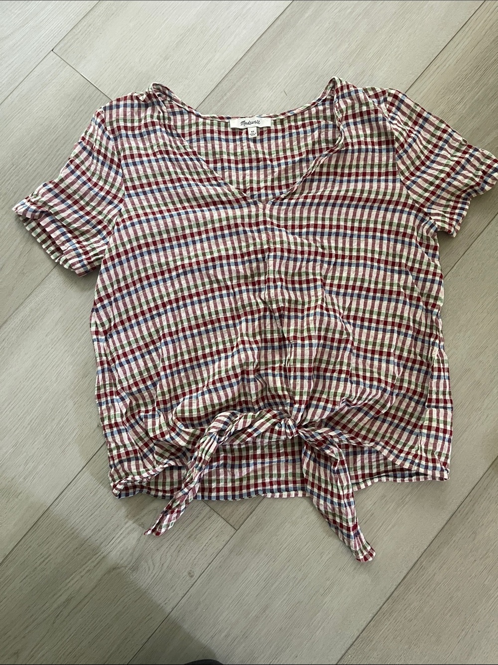 Madewell Red and Blue Gingham Tie-Front Short Sleeve Top